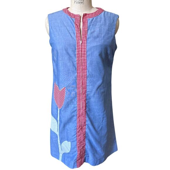 Vintage Lori Till Chambray Tulip Applique Shift Dress Size Medium - Picture 1 of 6